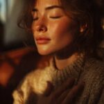 donna che respira con mano sul cuore alla luce del tramonto per gestire ansia