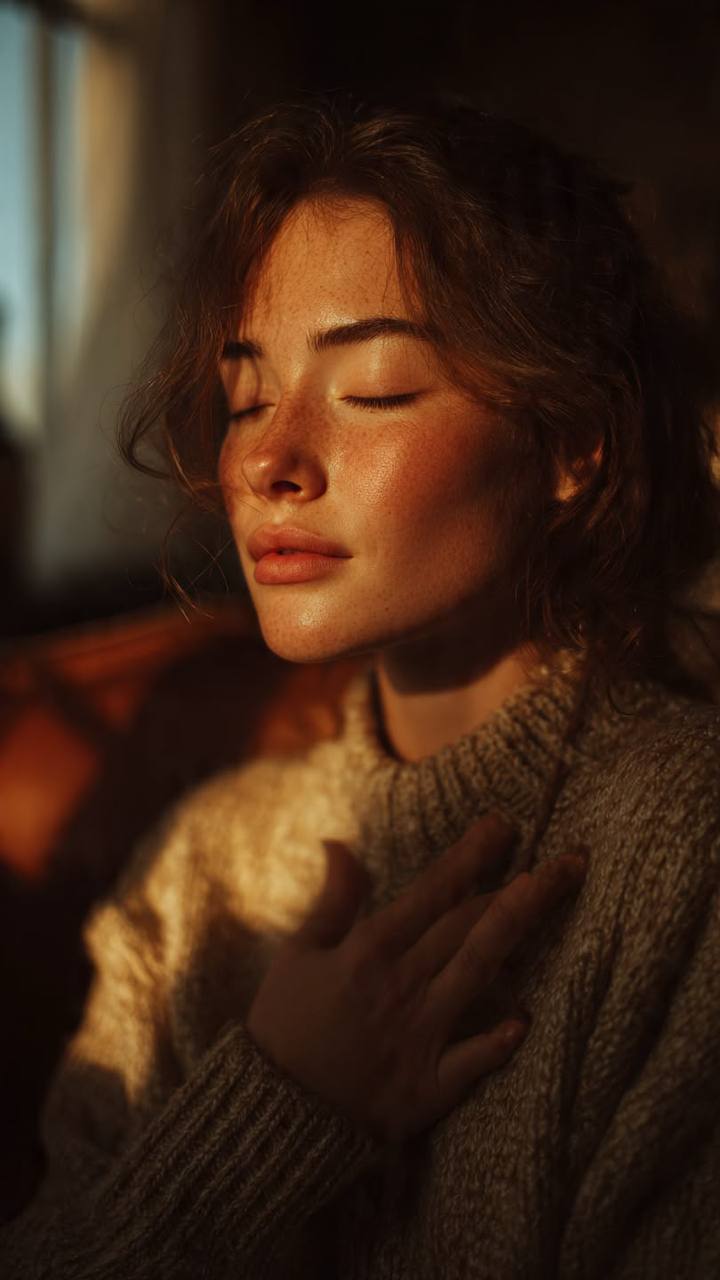 donna che respira con mano sul cuore alla luce del tramonto per gestire ansia